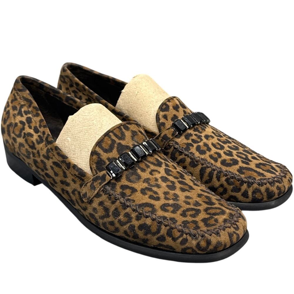 Stuart Weitzman Brown Black Leopard Calf Hair Jeweled Driving Loafer Women 11
